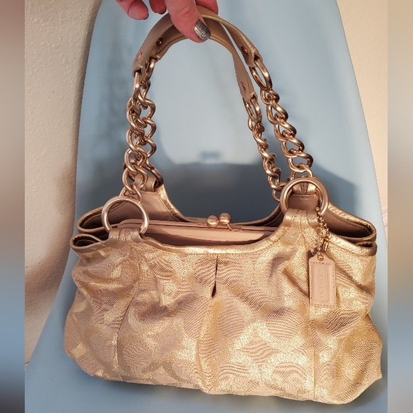 EUC Excellent Pre-Loved Gold Brocade Coach Hand Bag, Immaculate Interior - Picture 1 of 15